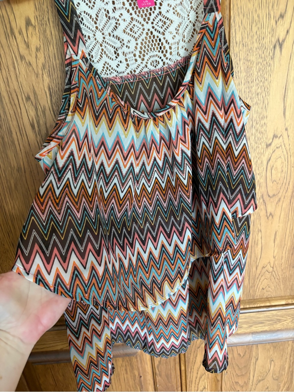 No Boundaries White Crochet Back Tank with Multicolor Chevron Pattern size Large